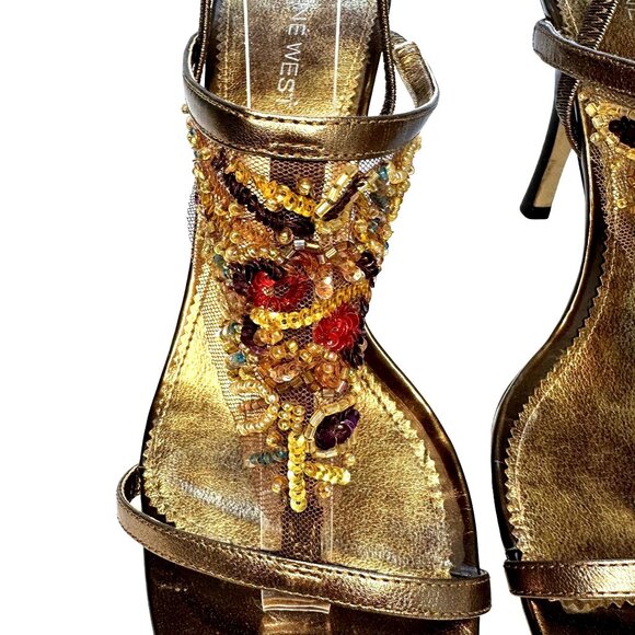 Nine West Bronze Women's Leather Mesh Beaded Sequin T-Strap Heels 9.5 4-inch hee - Picture 6 of 9